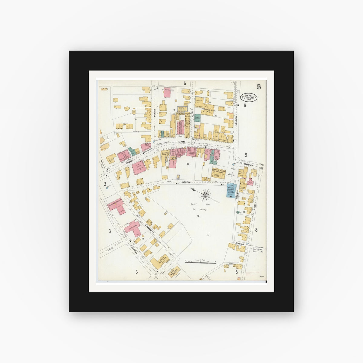 Old map wall art mockup — black gallery frame with white mat — Sanborn Fire Insurance Map from Plymouth, Plymouth County, Massachusetts (1906), Sheet #0005