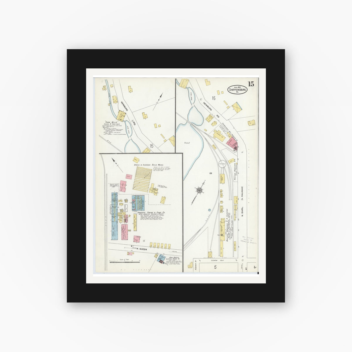 Old map wall art mockup — black gallery frame with white mat — Sanborn Fire Insurance Map from Shippensburg, Cumberland And Franklin Counties, Pennsylvania (1910), Sheet #0015