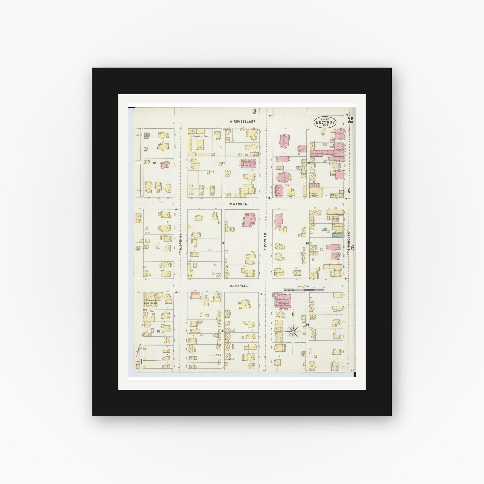 Old map wall art mockup — black gallery frame with white mat — Sanborn Fire Insurance Map from Bucyrus, Crawford County, Ohio (1897), Sheet #0002
