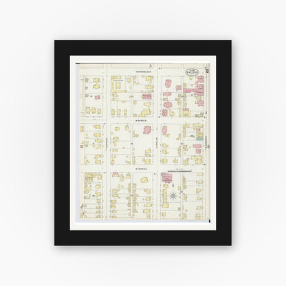 Old map wall art mockup — black gallery frame with white mat — Sanborn Fire Insurance Map from Bucyrus, Crawford County, Ohio (1897), Sheet #0002