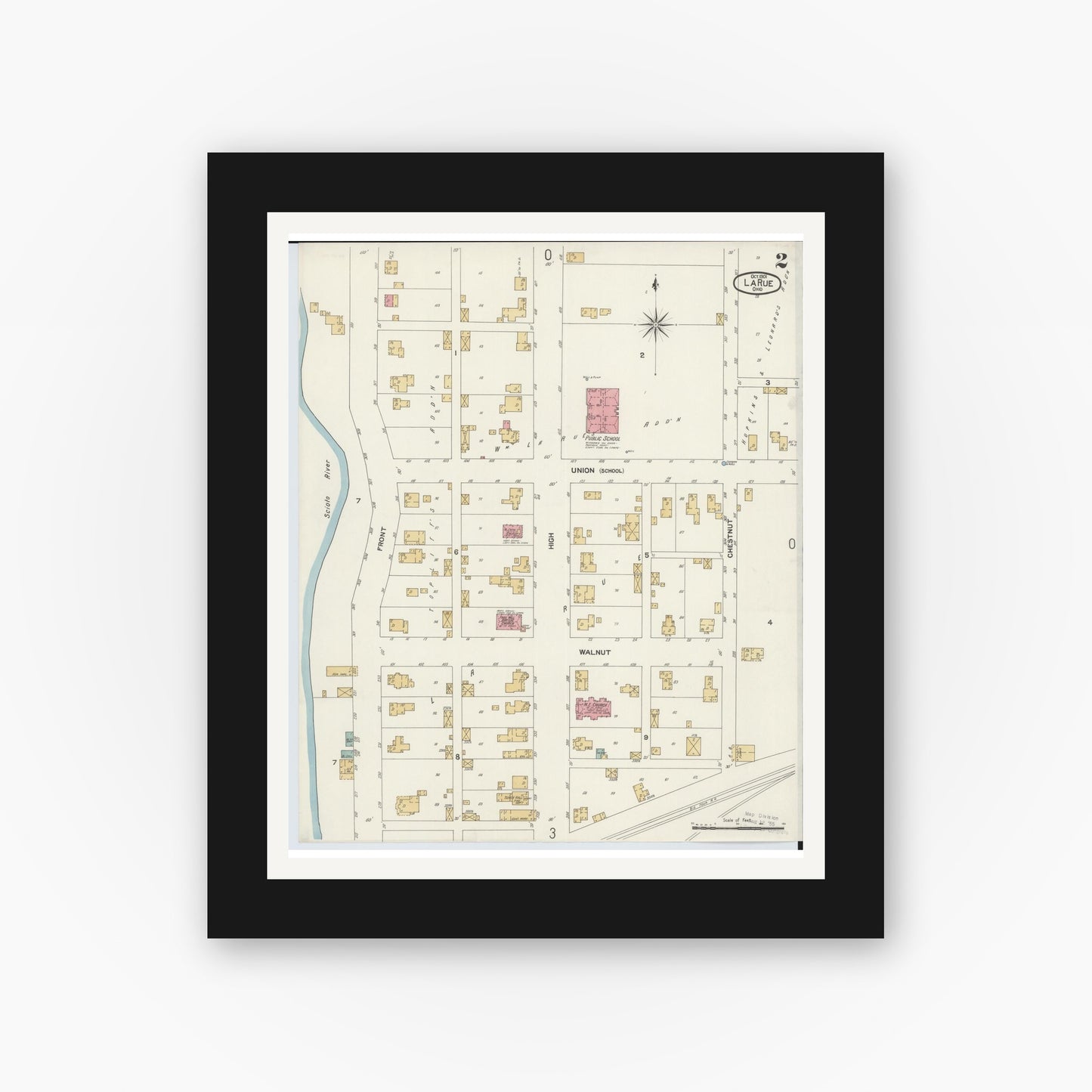 Old map wall art mockup — black gallery frame with white mat — Sanborn Fire Insurance Map from La Rue, Marion County, Ohio (1901), Sheet #0002