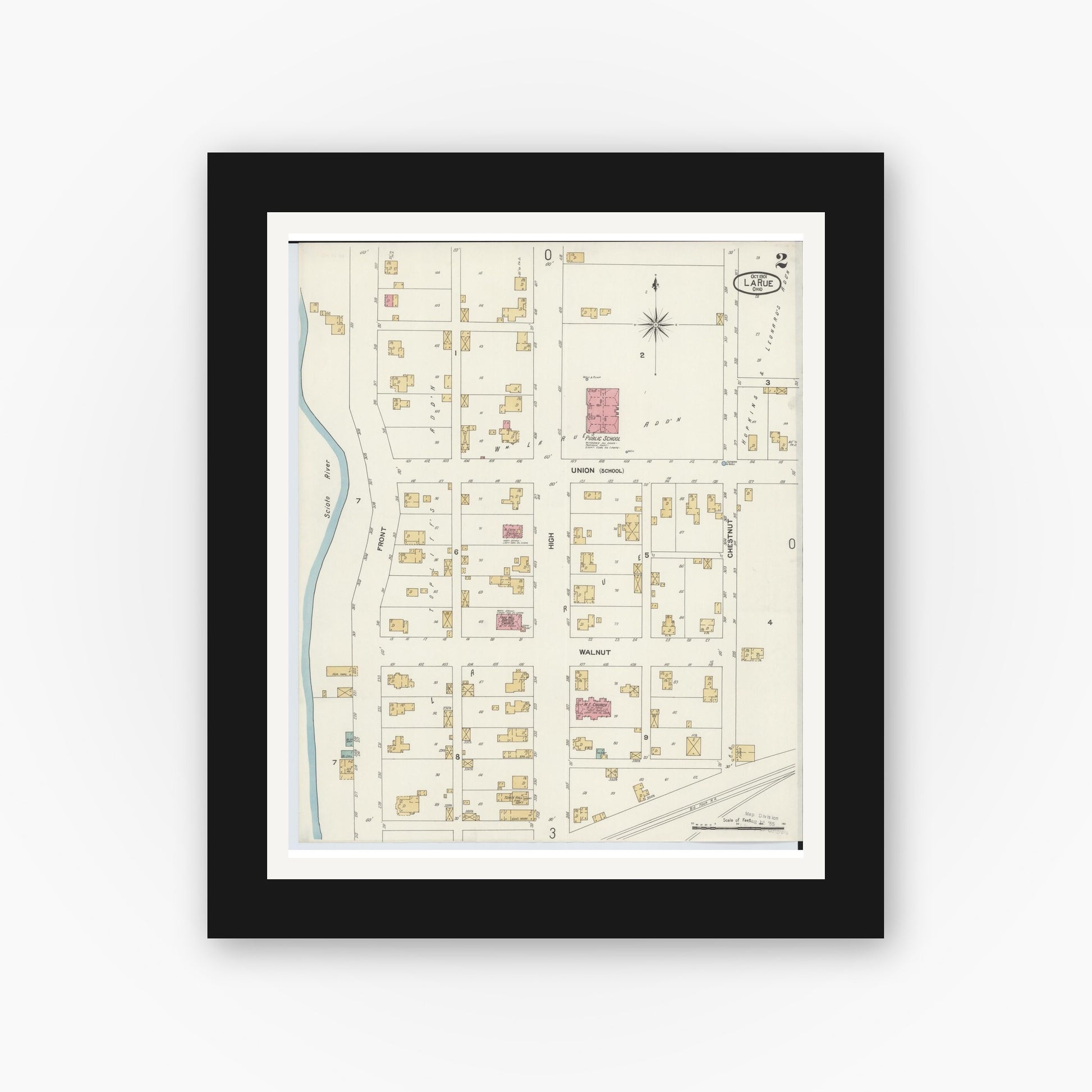 Old map wall art mockup — black gallery frame with white mat — Sanborn Fire Insurance Map from La Rue, Marion County, Ohio (1901), Sheet #0002