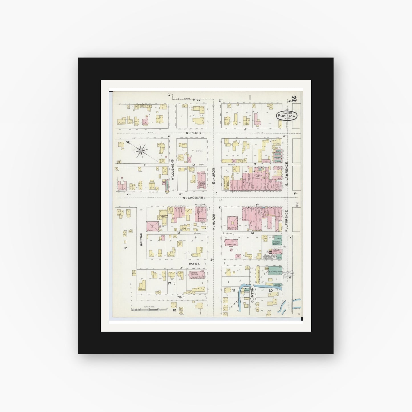 Old map wall art mockup — black gallery frame with white mat — Sanborn Fire Insurance Map from Pontiac, Oakland County, Michigan (1892), Sheet #0002