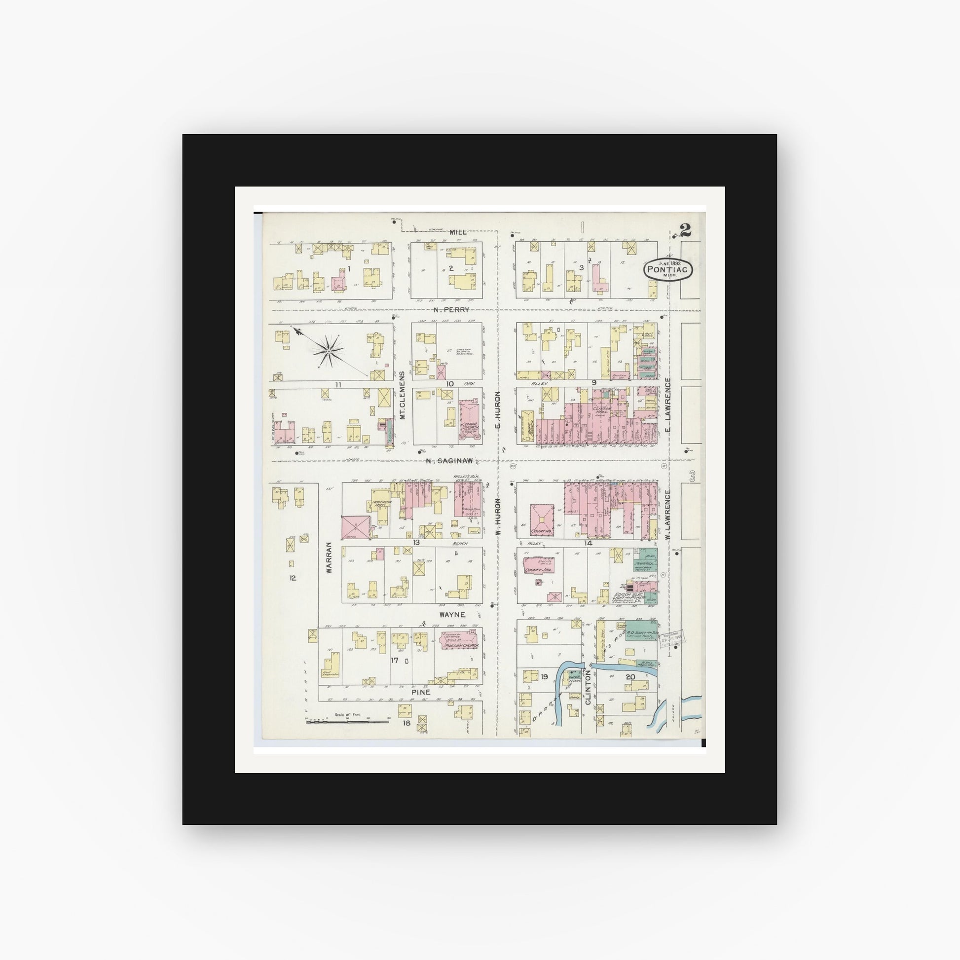 Old map wall art mockup — black gallery frame with white mat — Sanborn Fire Insurance Map from Pontiac, Oakland County, Michigan (1892), Sheet #0002