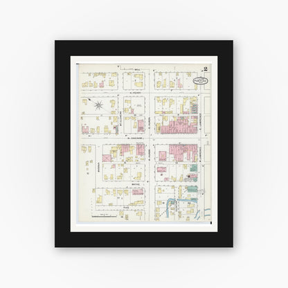 Old map wall art mockup — black gallery frame with white mat — Sanborn Fire Insurance Map from Pontiac, Oakland County, Michigan (1892), Sheet #0002