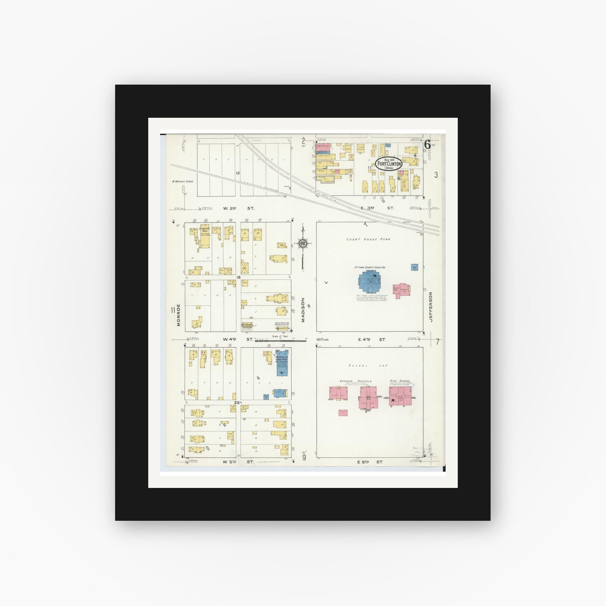 Old map wall art mockup — black gallery frame with white mat — Sanborn Fire Insurance Map from Port Clinton, Ottawa County, Ohio (1916), Sheet #0006