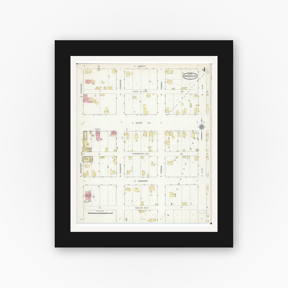 Old map wall art mockup — black gallery frame with white mat — Sanborn Fire Insurance Map from Griggsville, Pike County, Illinois (1913), Sheet #0004