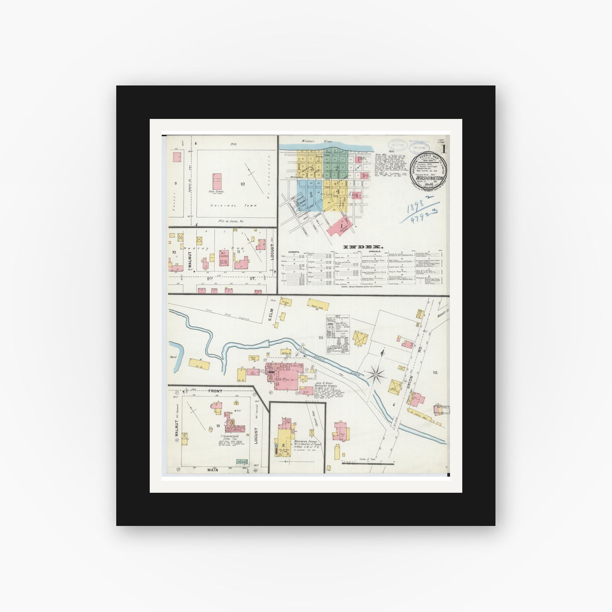 Old map wall art mockup — black gallery frame with white mat — Sanborn Fire Insurance Map from Washington, Franklin County, Missouri (1898), Sheet #0001