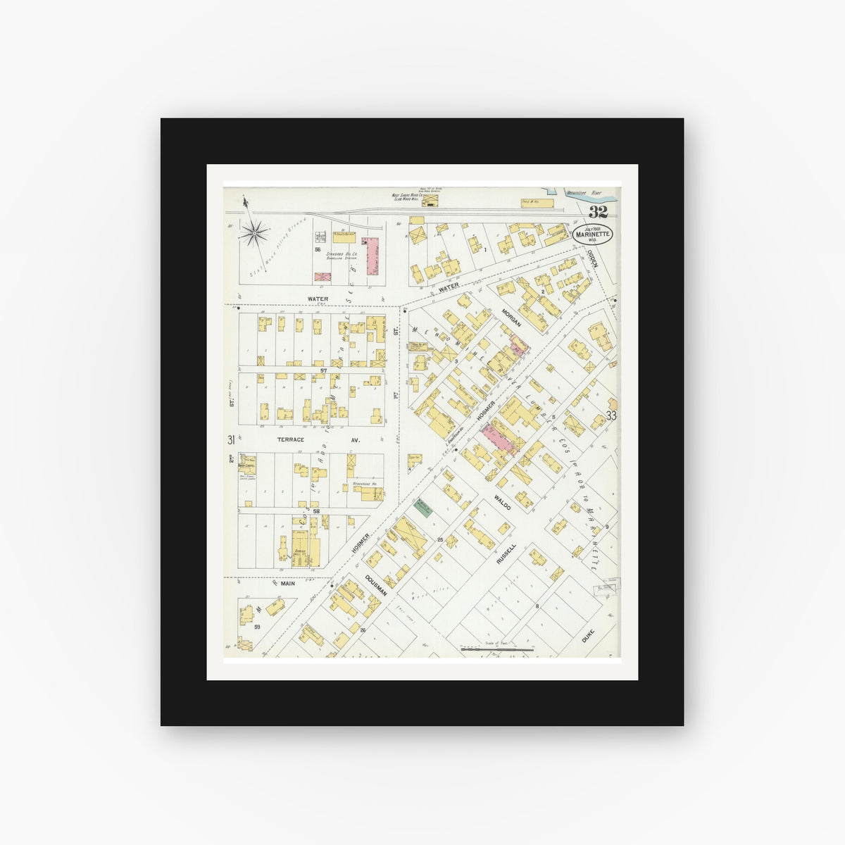 Old map wall art mockup — black gallery frame with white mat — Sanborn Fire Insurance Map from Marinette, Marinette County, Wisconsin (1901), Sheet #0032