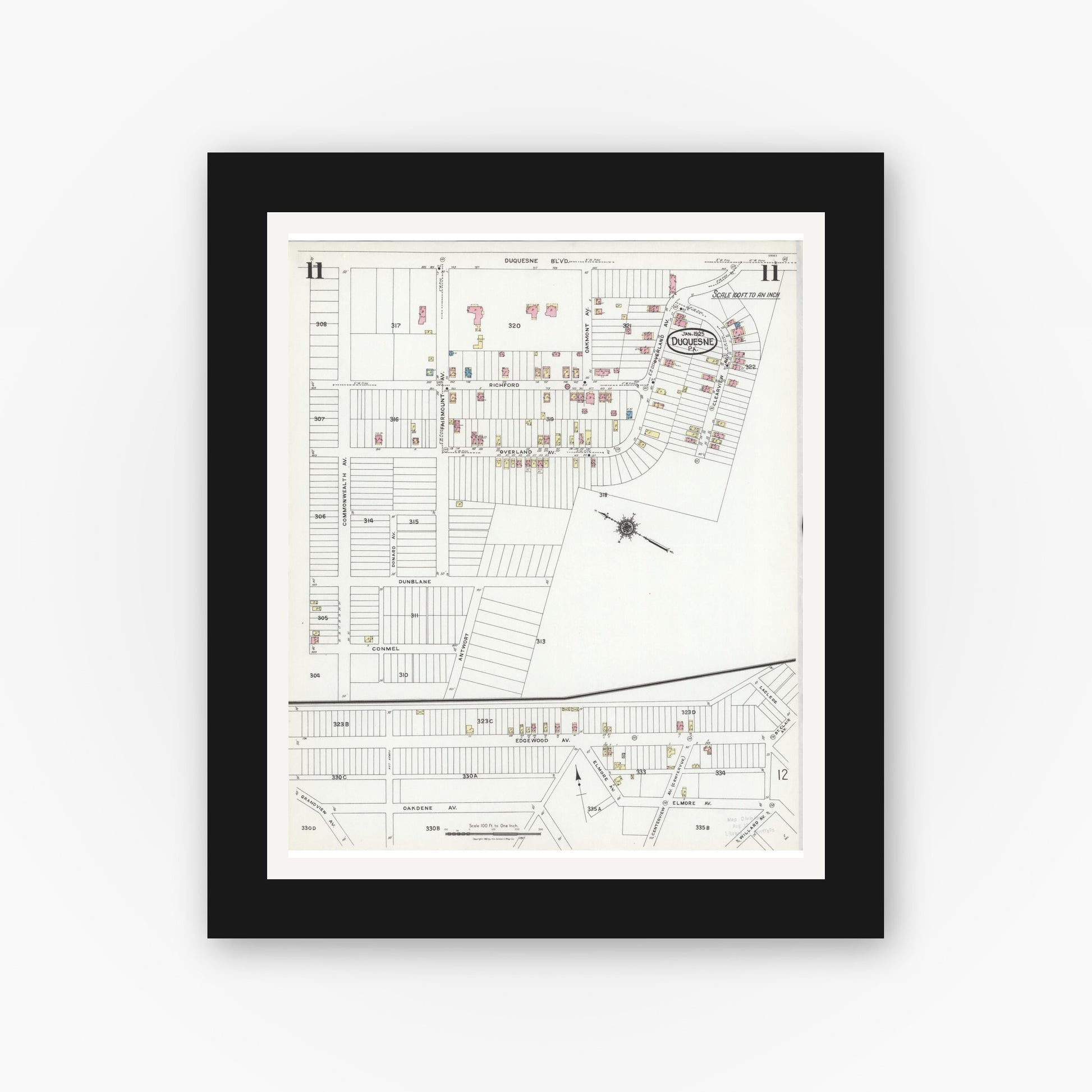 Old map wall art mockup — black gallery frame with white mat — Sanborn Fire Insurance Map from Duquesne, Allegheny County, Pennsylvania (1925), Sheet #0011