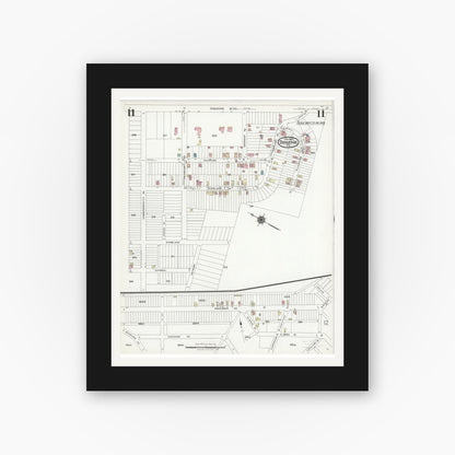 Old map wall art mockup — black gallery frame with white mat — Sanborn Fire Insurance Map from Duquesne, Allegheny County, Pennsylvania (1925), Sheet #0011