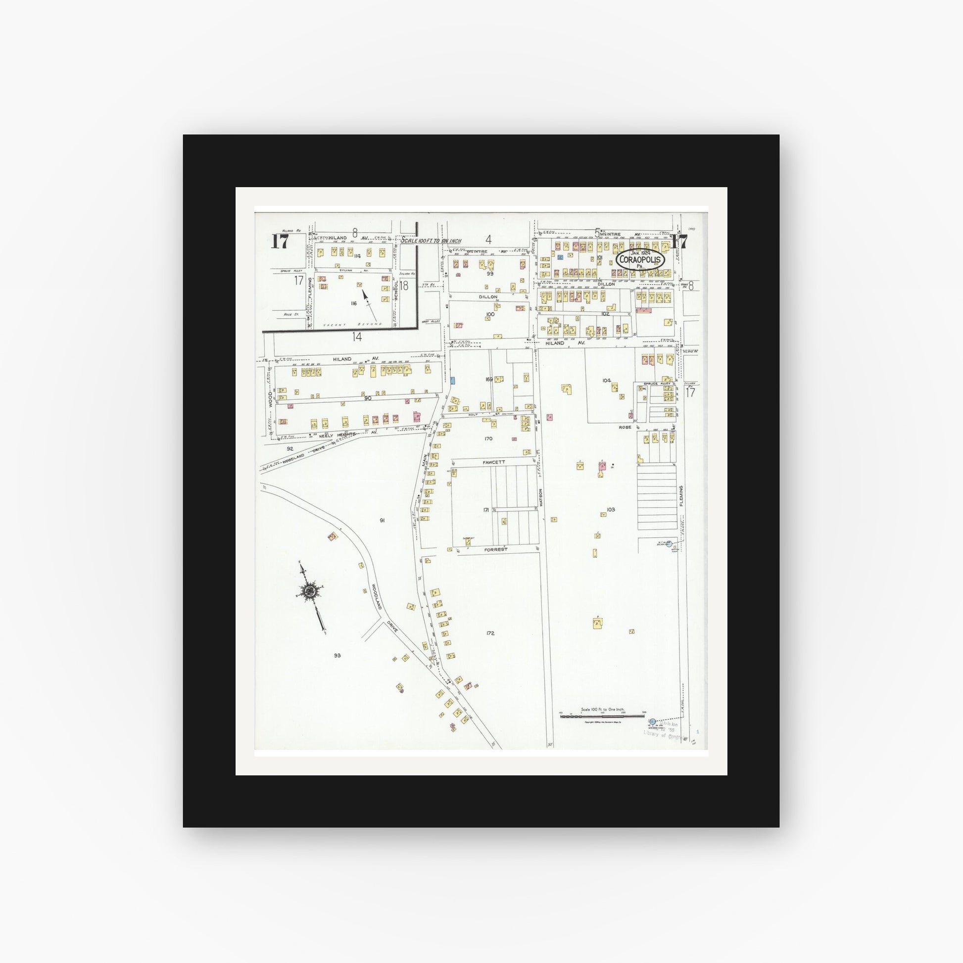 Old map wall art mockup — black gallery frame with white mat — Sanborn Fire Insurance Map from Coraopolis, Allegheny County, Pennsylvania (1924), Sheet #0017