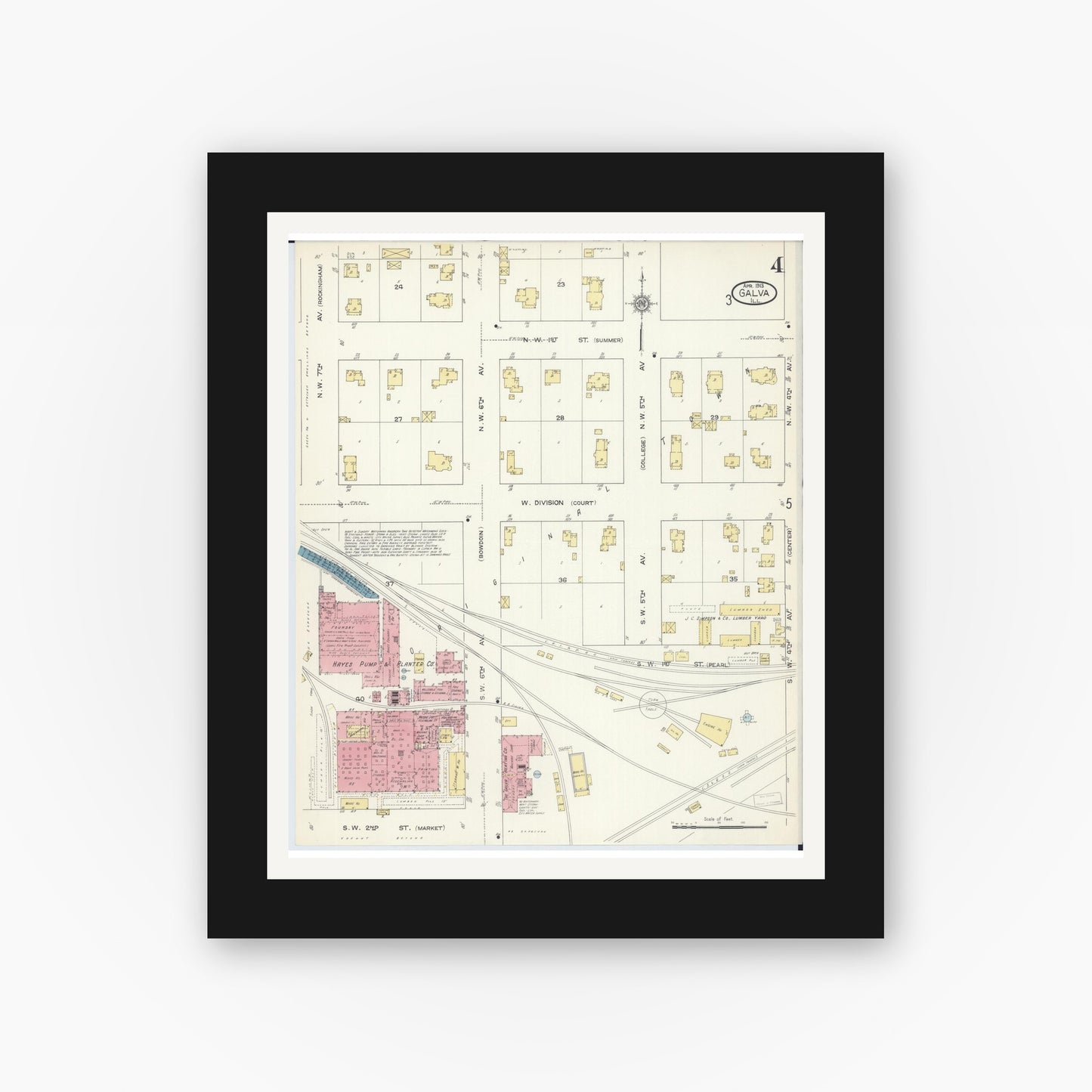 Old map wall art mockup — black gallery frame with white mat — Sanborn Fire Insurance Map from Galva, Henry County, Illinois (1913), Sheet #0004