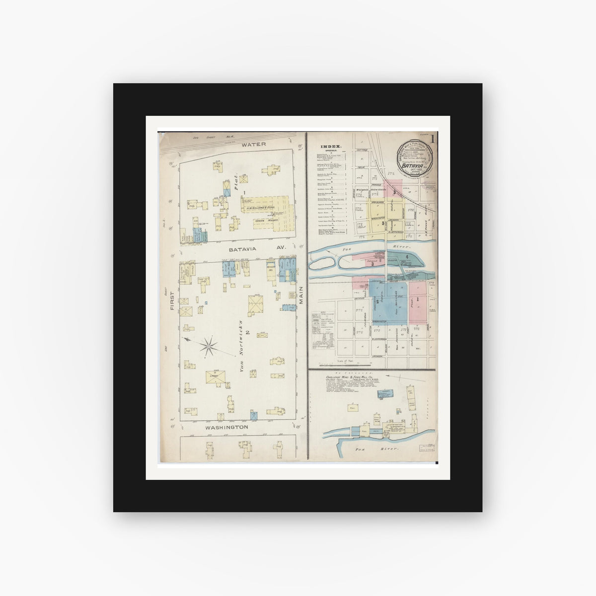 Old map wall art mockup — black gallery frame with white mat — Sanborn Fire Insurance Map from Batavia, Kane County, Illinois (1885), Sheet #0001