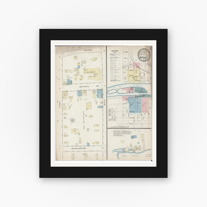 Old map wall art mockup — black gallery frame with white mat — Sanborn Fire Insurance Map from Batavia, Kane County, Illinois (1885), Sheet #0001