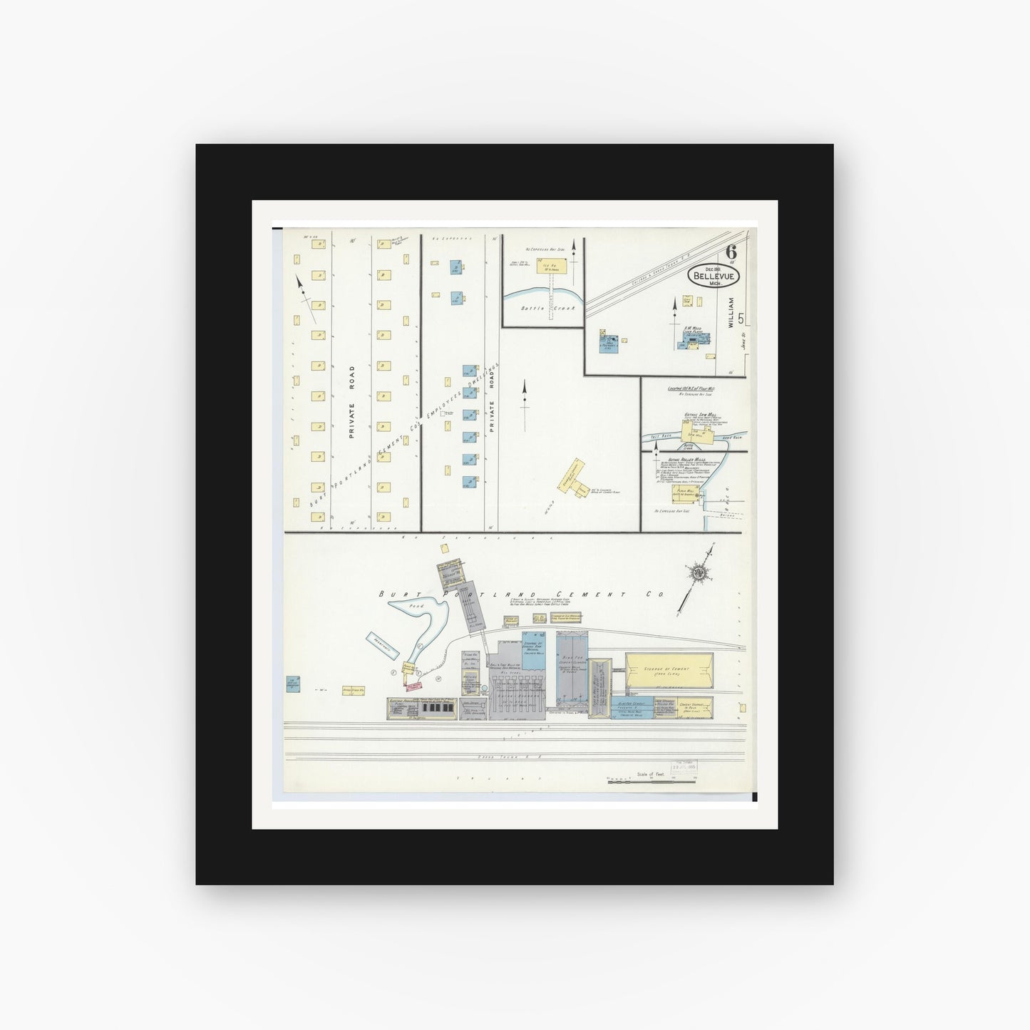 Old map wall art mockup — black gallery frame with white mat — Sanborn Fire Insurance Map from Bellevue, Eaton County, Michigan (1911), Sheet #0006
