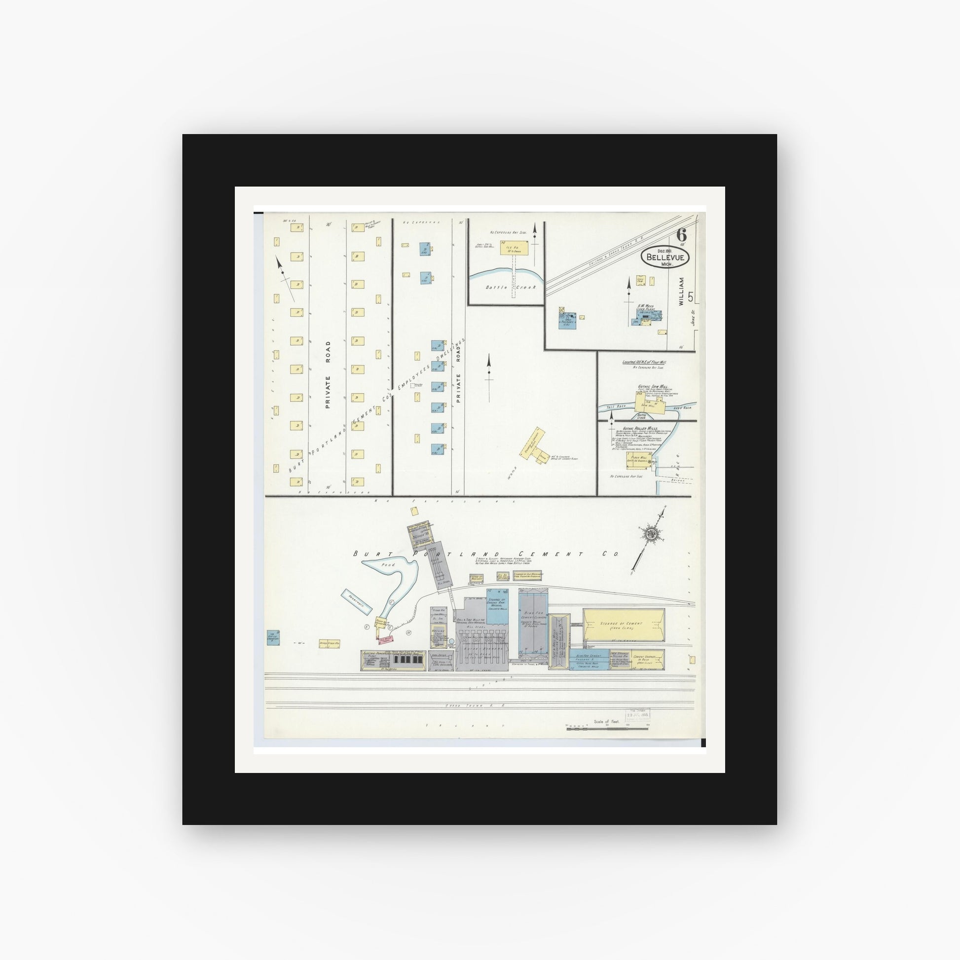 Old map wall art mockup — black gallery frame with white mat — Sanborn Fire Insurance Map from Bellevue, Eaton County, Michigan (1911), Sheet #0006