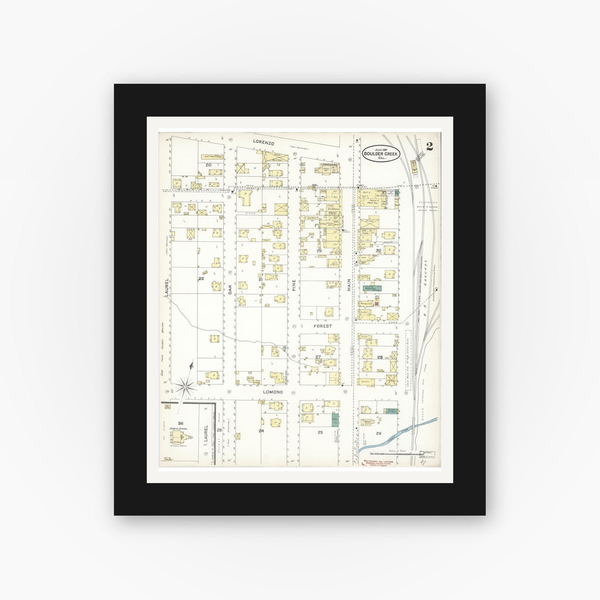 Old map wall art mockup — black gallery frame with white mat — Sanborn Fire Insurance Map from Boulder Creek, Santa Cruz County, California (1897), Sheet #0002