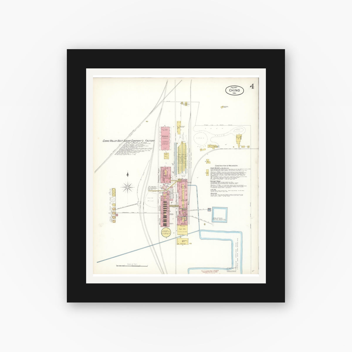 Old map wall art mockup — black gallery frame with white mat — Sanborn Fire Insurance Map from Chino, San Bernardino County, California (1897), Sheet #0004