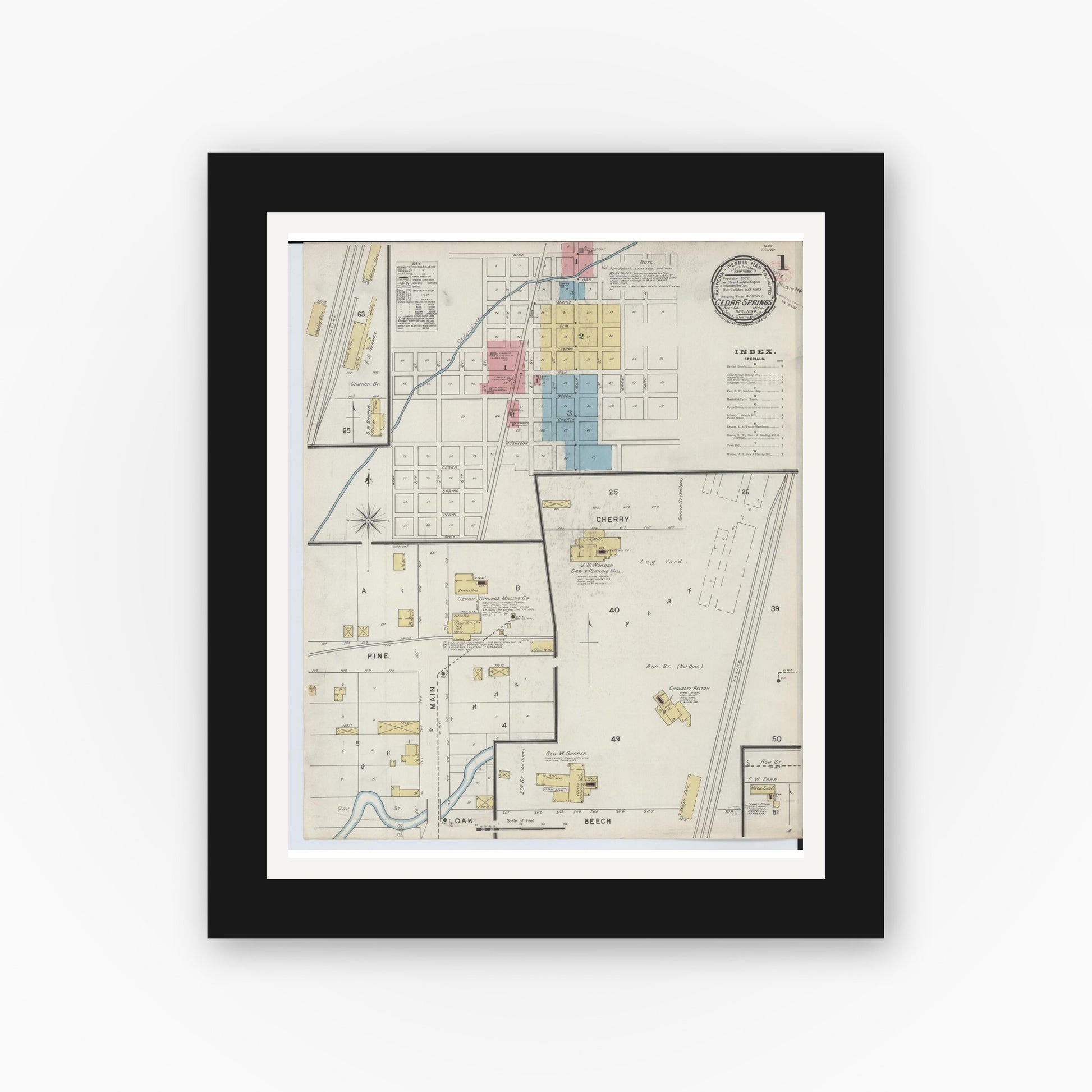 Old map wall art mockup — black gallery frame with white mat — Sanborn Fire Insurance Map from Cedar Springs, Kent County, Michigan (1894) - Complete Map Set
