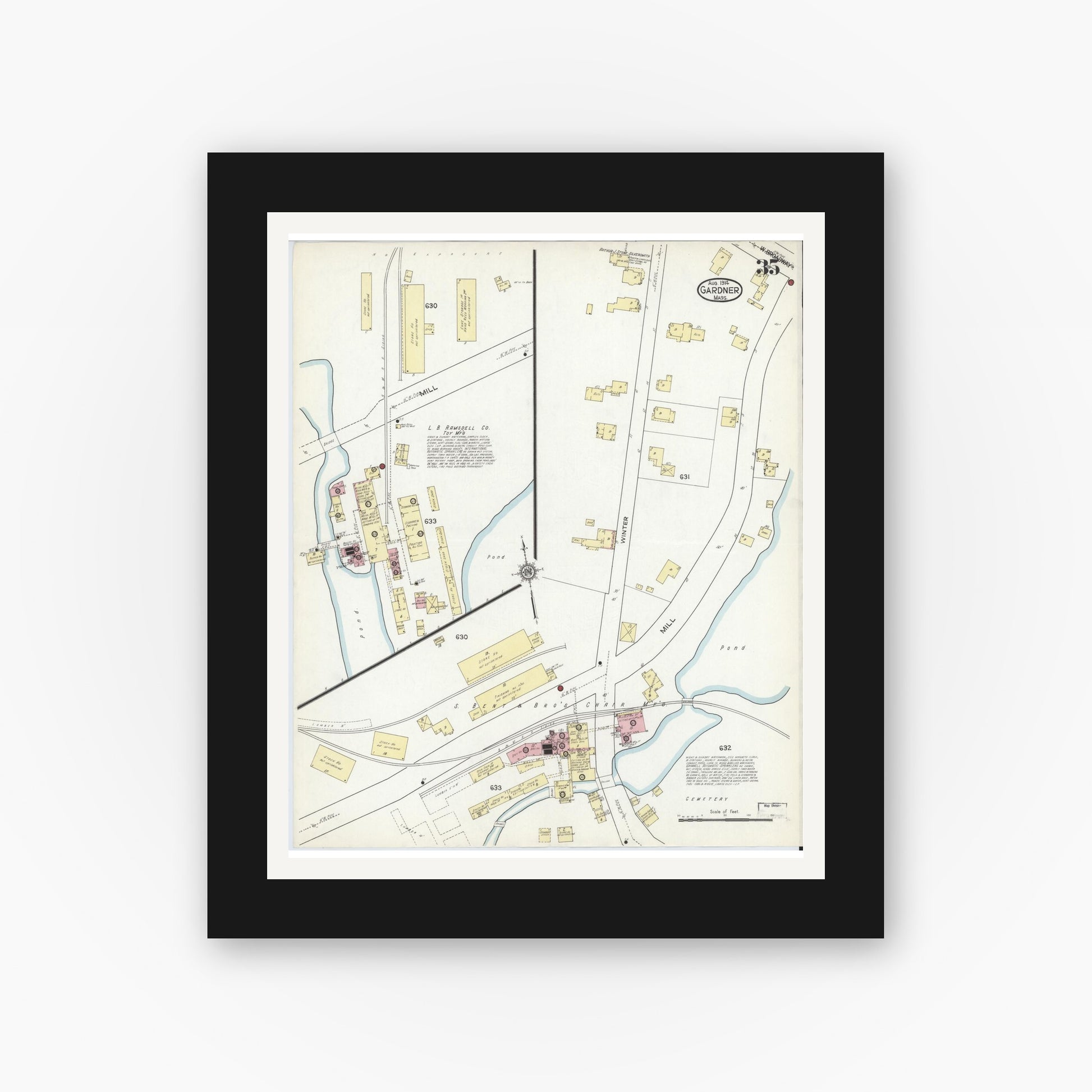 Old map wall art mockup — black gallery frame with white mat — Sanborn Fire Insurance Map from Gardner, Worcester County, Massachusetts (1914), Sheet #0035