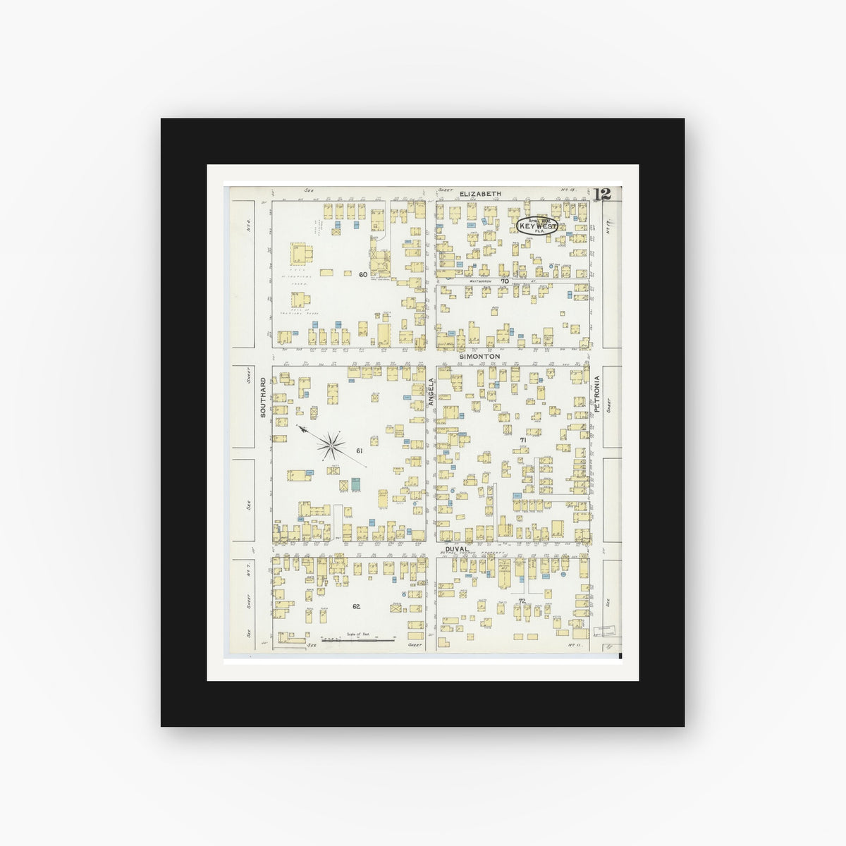 Old map wall art mockup — black gallery frame with white mat — Sanborn Fire Insurance Map from Key West, Monroe County, Florida (1892), Sheet #0012
