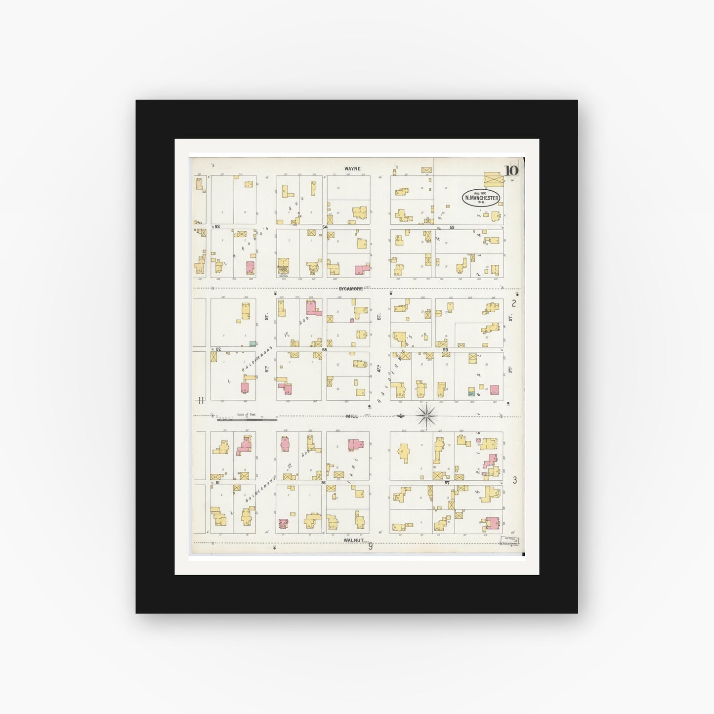 Old map wall art mockup — black gallery frame with white mat — Sanborn Fire Insurance Map from North Manchester, Wabash County, Indiana (1900), Sheet #0010
