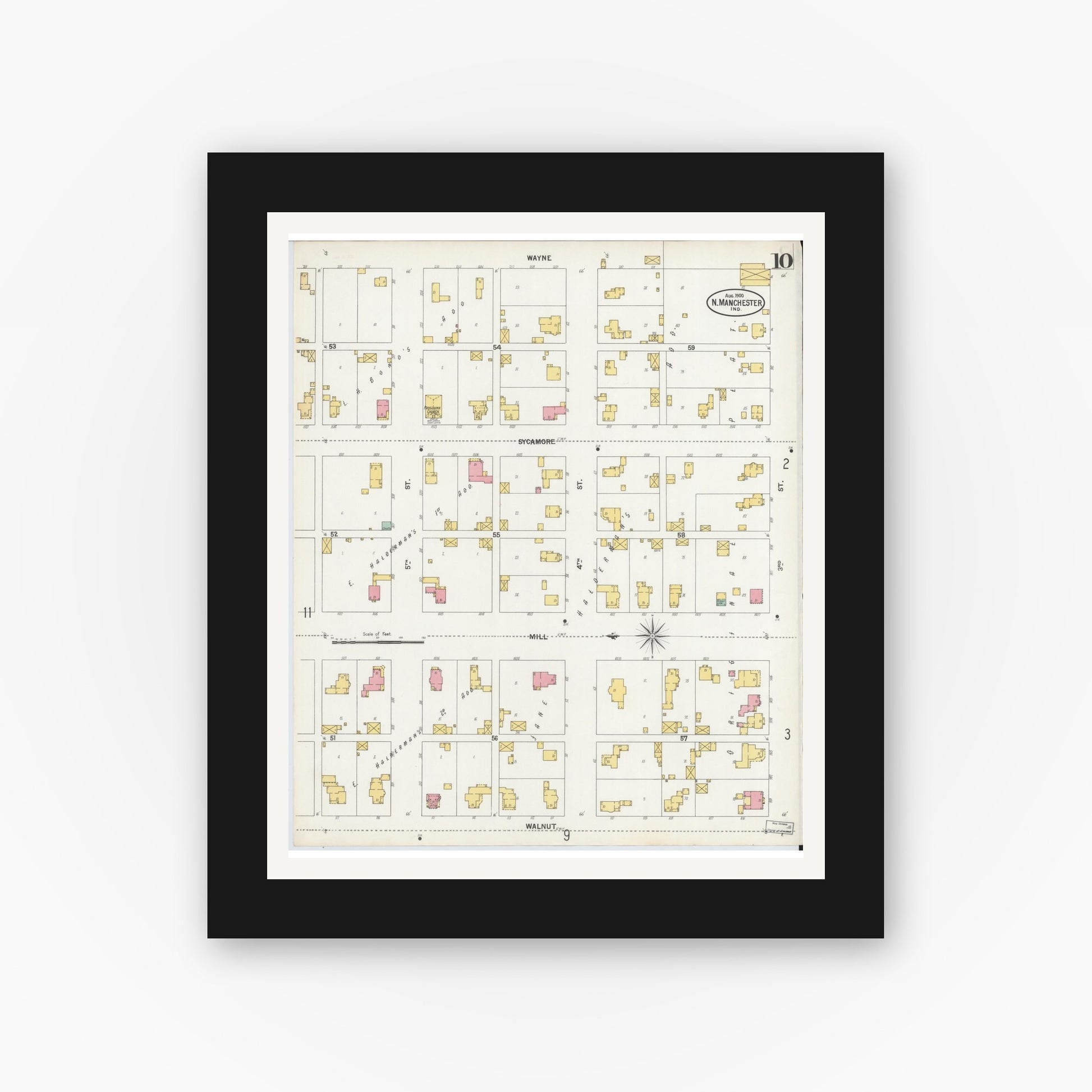 Old map wall art mockup — black gallery frame with white mat — Sanborn Fire Insurance Map from North Manchester, Wabash County, Indiana (1900), Sheet #0010