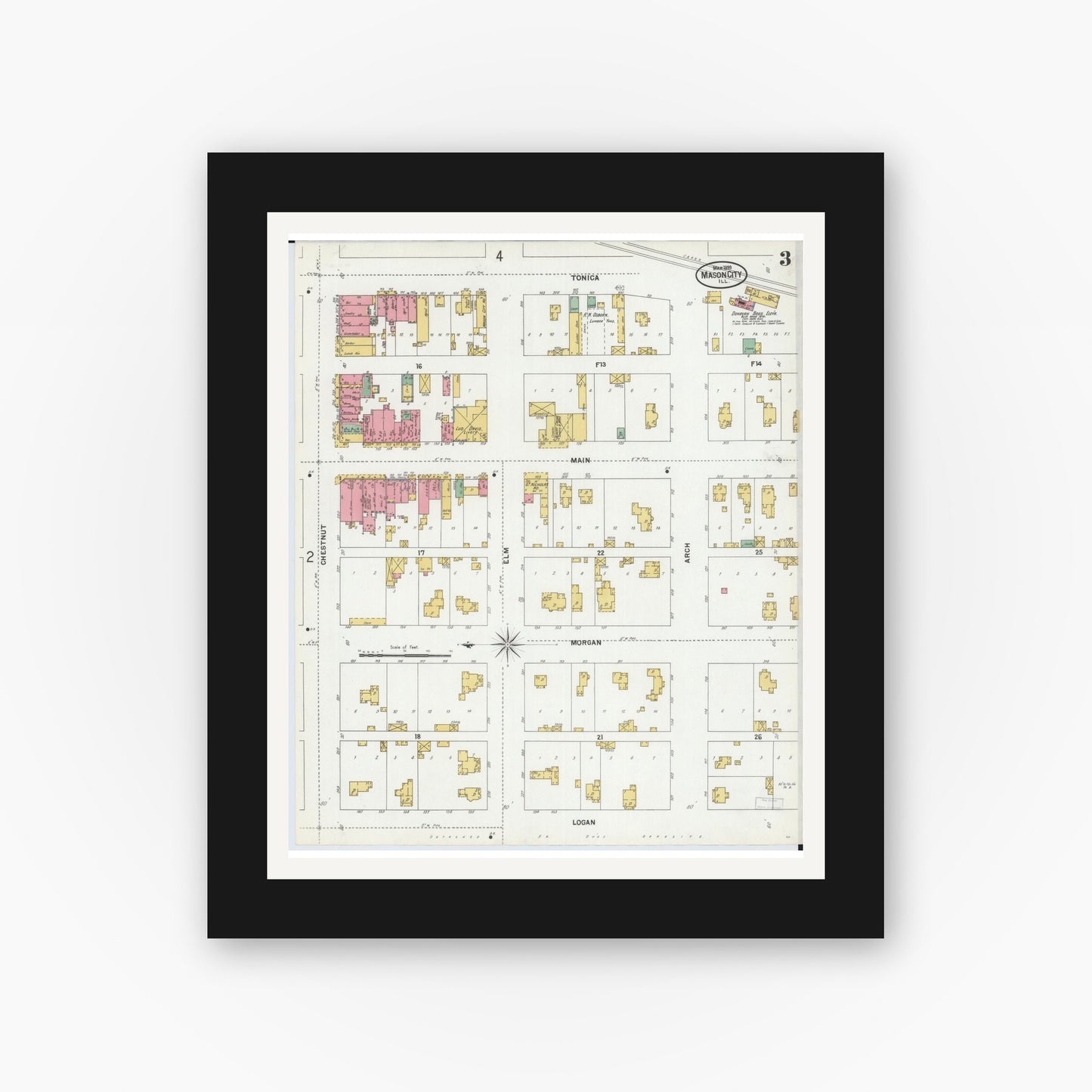 Old map wall art mockup — black gallery frame with white mat — Sanborn Fire Insurance Map from Mason City, Mason County, Illinois (1899), Sheet #0003