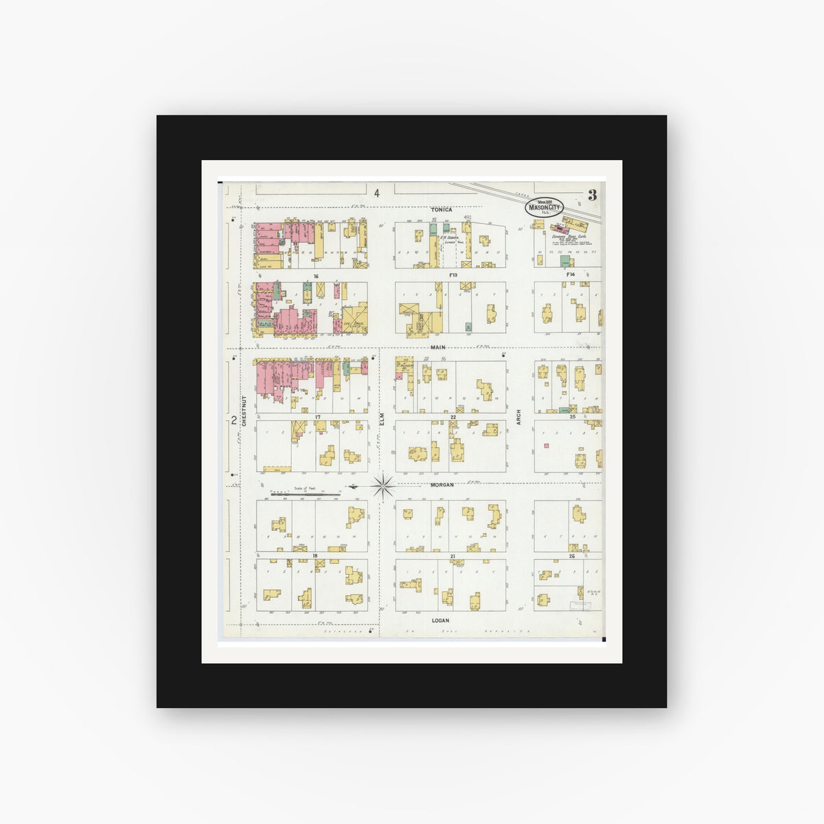 Old map wall art mockup — black gallery frame with white mat — Sanborn Fire Insurance Map from Mason City, Mason County, Illinois (1899), Sheet #0003
