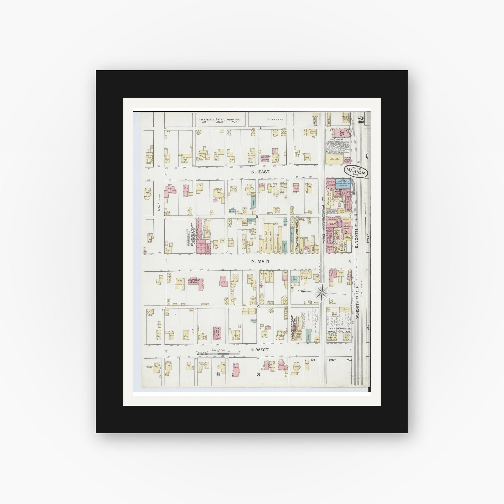Old map wall art mockup — black gallery frame with white mat — Sanborn Fire Insurance Map from Marion, Marion County, Ohio (1888), Sheet #0002