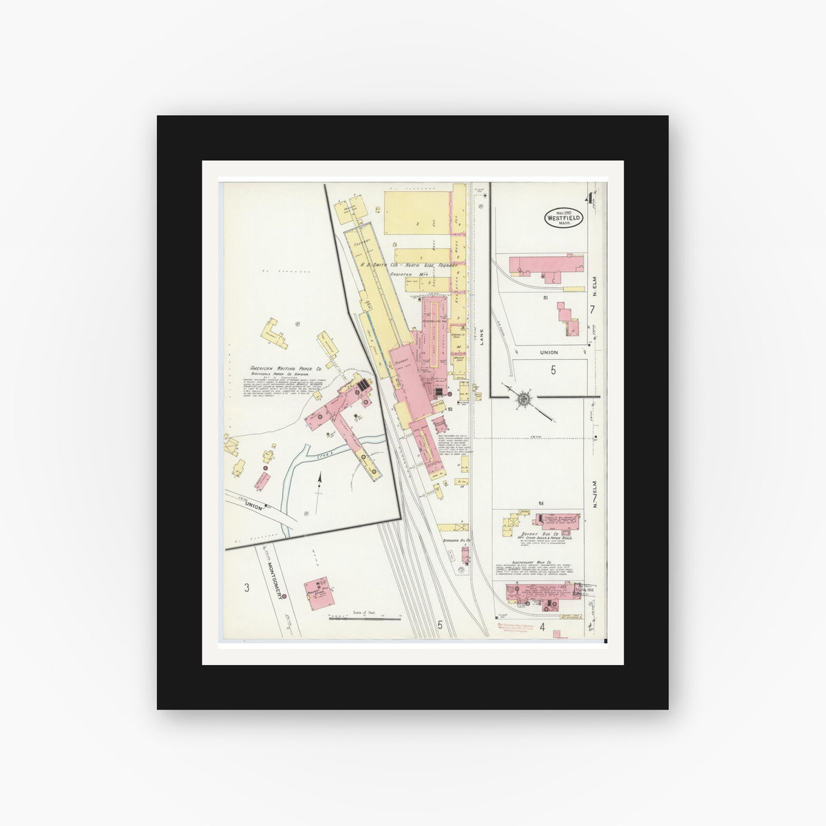 Old map wall art mockup — black gallery frame with white mat — Sanborn Fire Insurance Map from Westfield, Hampden County, Massachusetts (1910), Sheet #0004