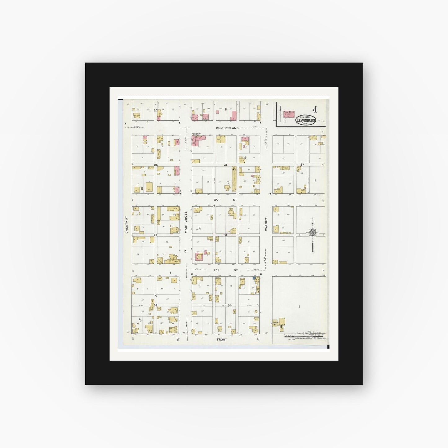 Old map wall art mockup — black gallery frame with white mat — Sanborn Fire Insurance Map from Lewisburg, Preble County, Ohio (1920), Sheet #0004