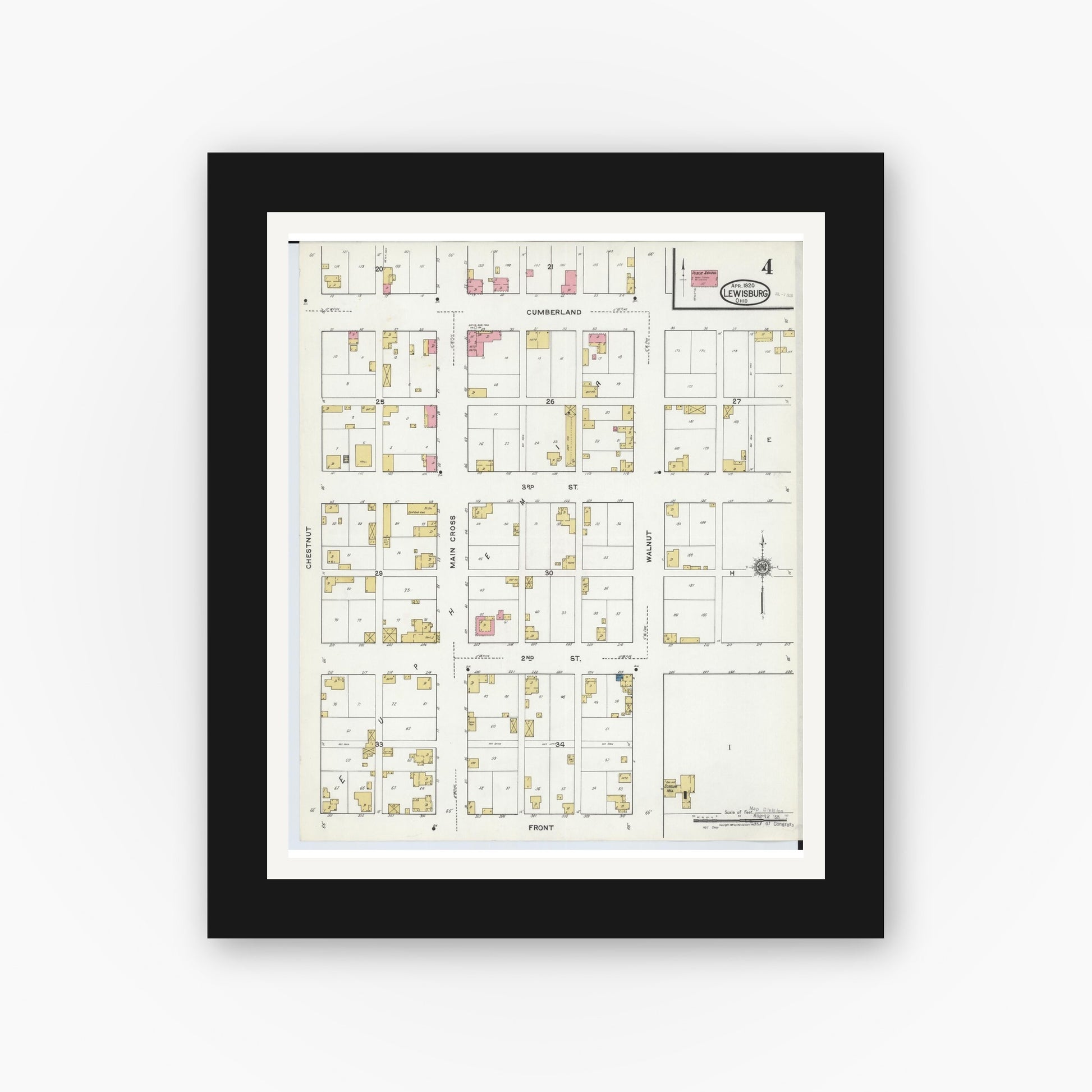 Old map wall art mockup — black gallery frame with white mat — Sanborn Fire Insurance Map from Lewisburg, Preble County, Ohio (1920), Sheet #0004