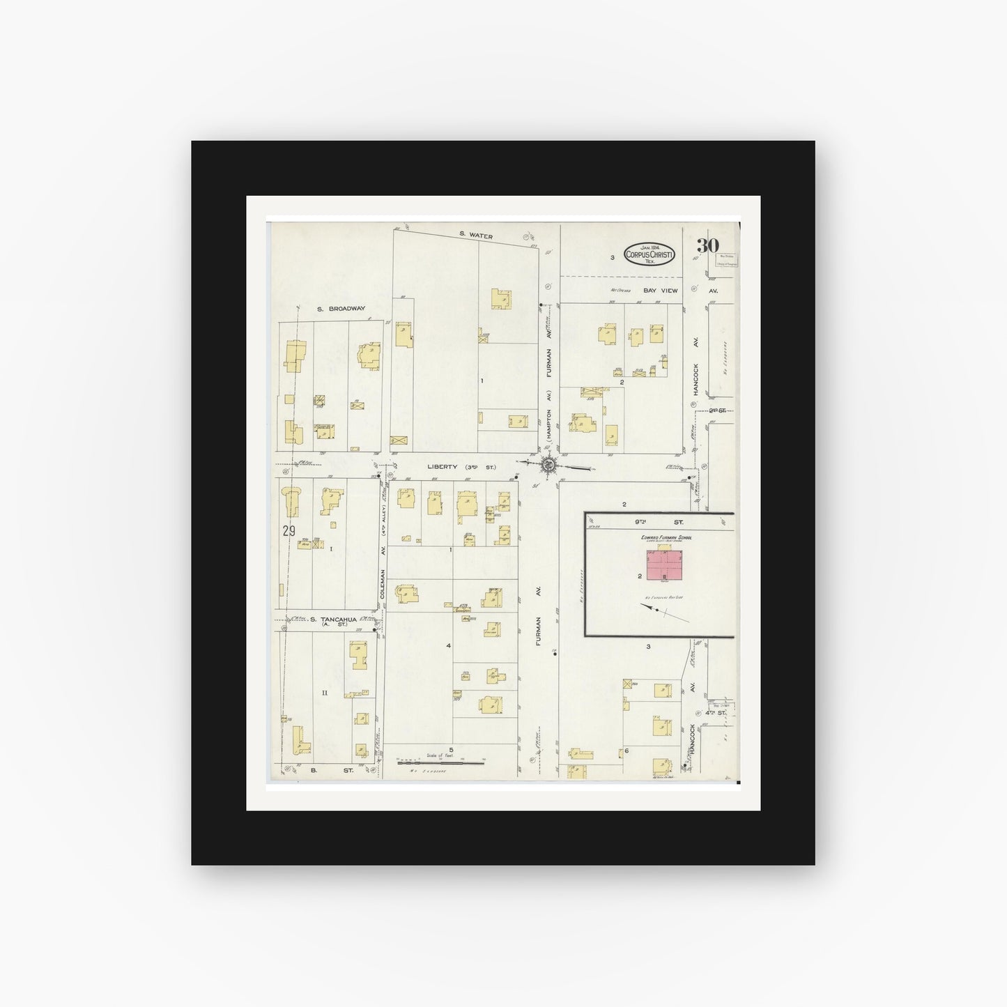 Old map wall art mockup — black gallery frame with white mat — Sanborn Fire Insurance Map from Corpus Christi, Nueces County, Texas (1914), Sheet #0030