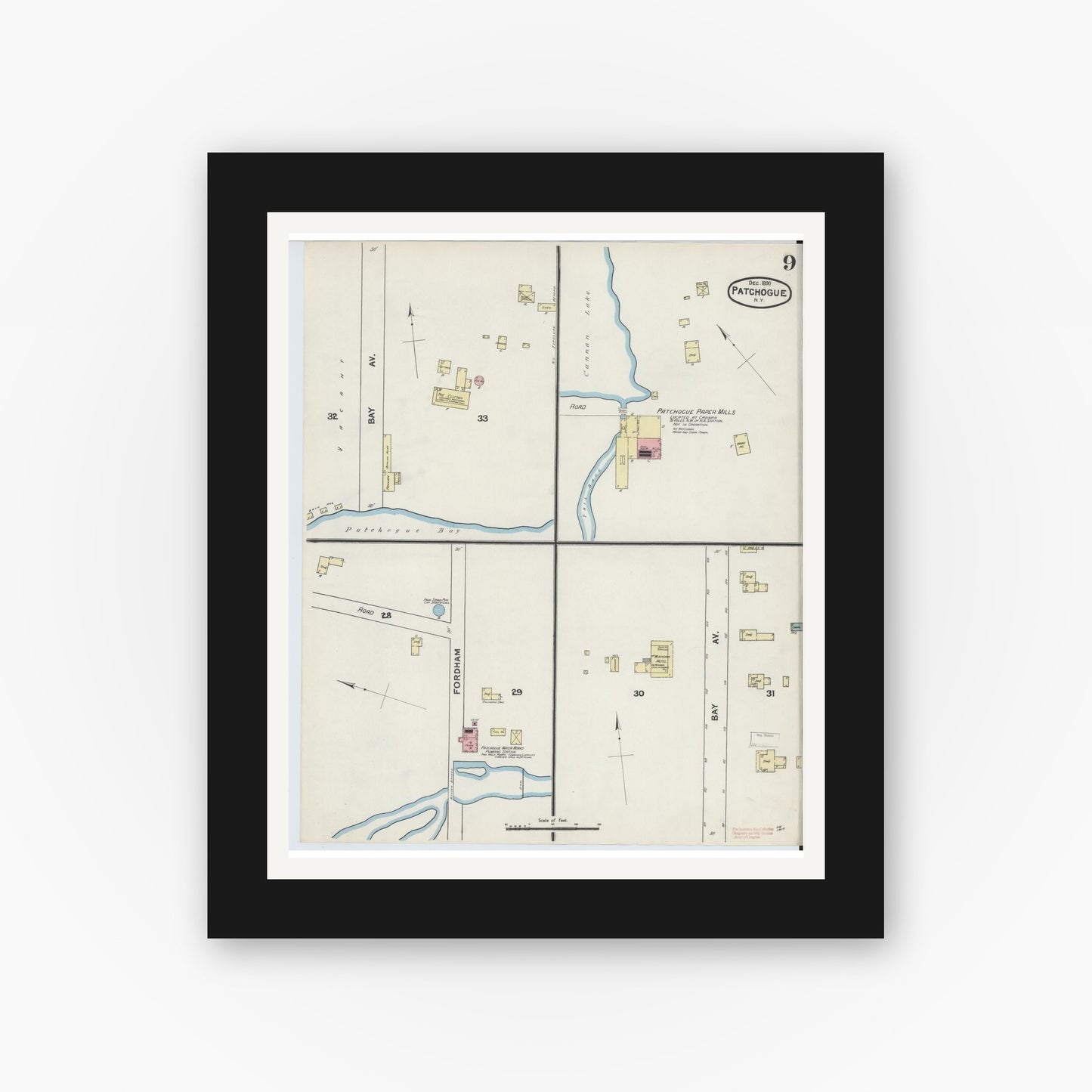 Old map wall art mockup — black gallery frame with white mat — Sanborn Fire Insurance Map from Patchogue, Suffolk County, New York (1891), Sheet #0009