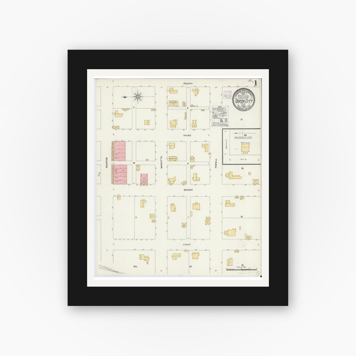 Old map wall art mockup — black gallery frame with white mat — Sanborn Fire Insurance Map from Queen City, Cass County, Texas (1906) - Complete Map Set