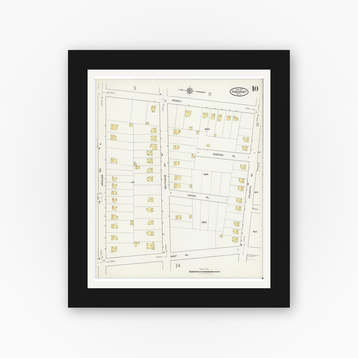 Old map wall art mockup — black gallery frame with white mat — Sanborn Fire Insurance Map from Freeport, Nassau County, New York (1917), Sheet #0010