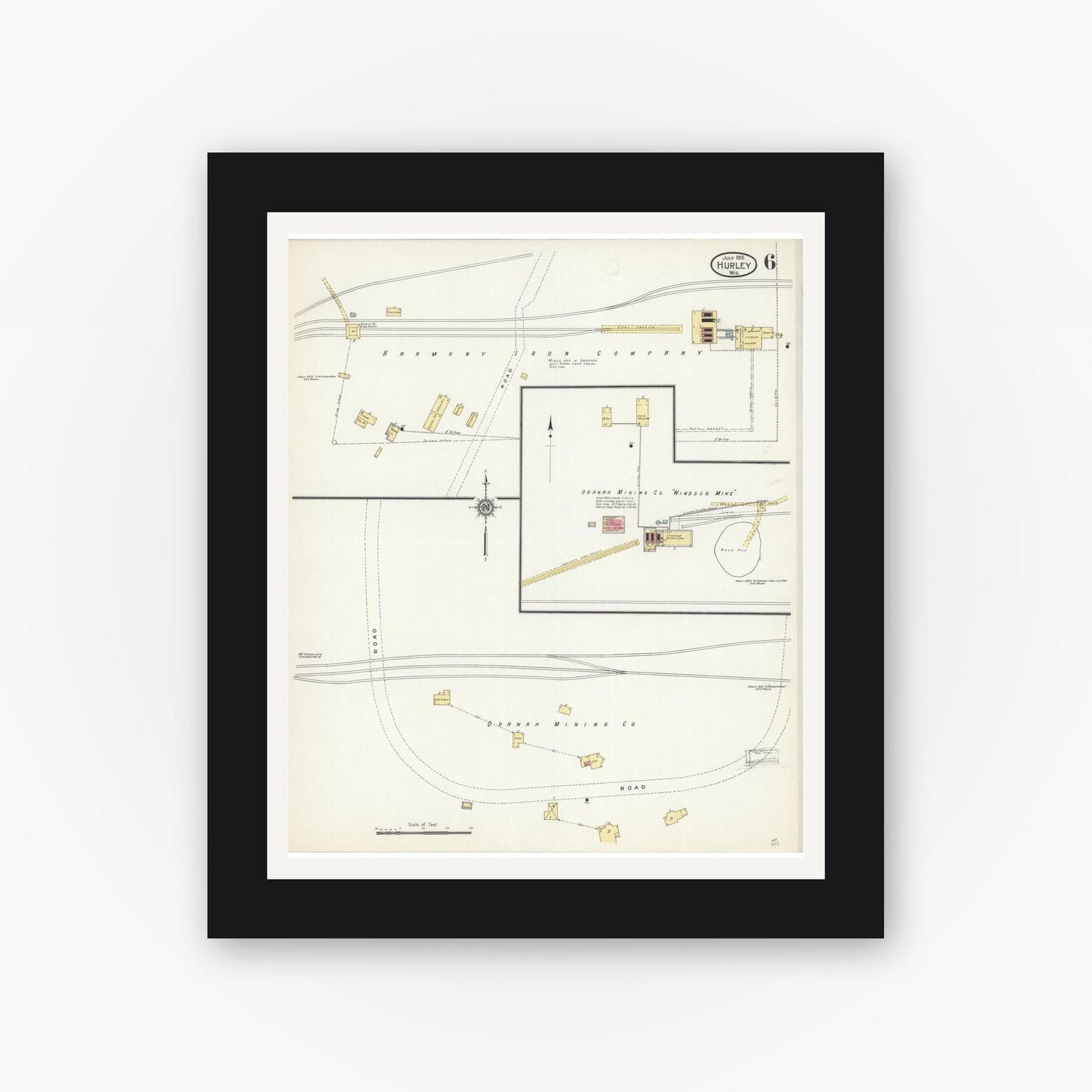 Old map wall art mockup — black gallery frame with white mat — Sanborn Fire Insurance Map from Hurley, Iron County, Wisconsin (1913), Sheet #0006