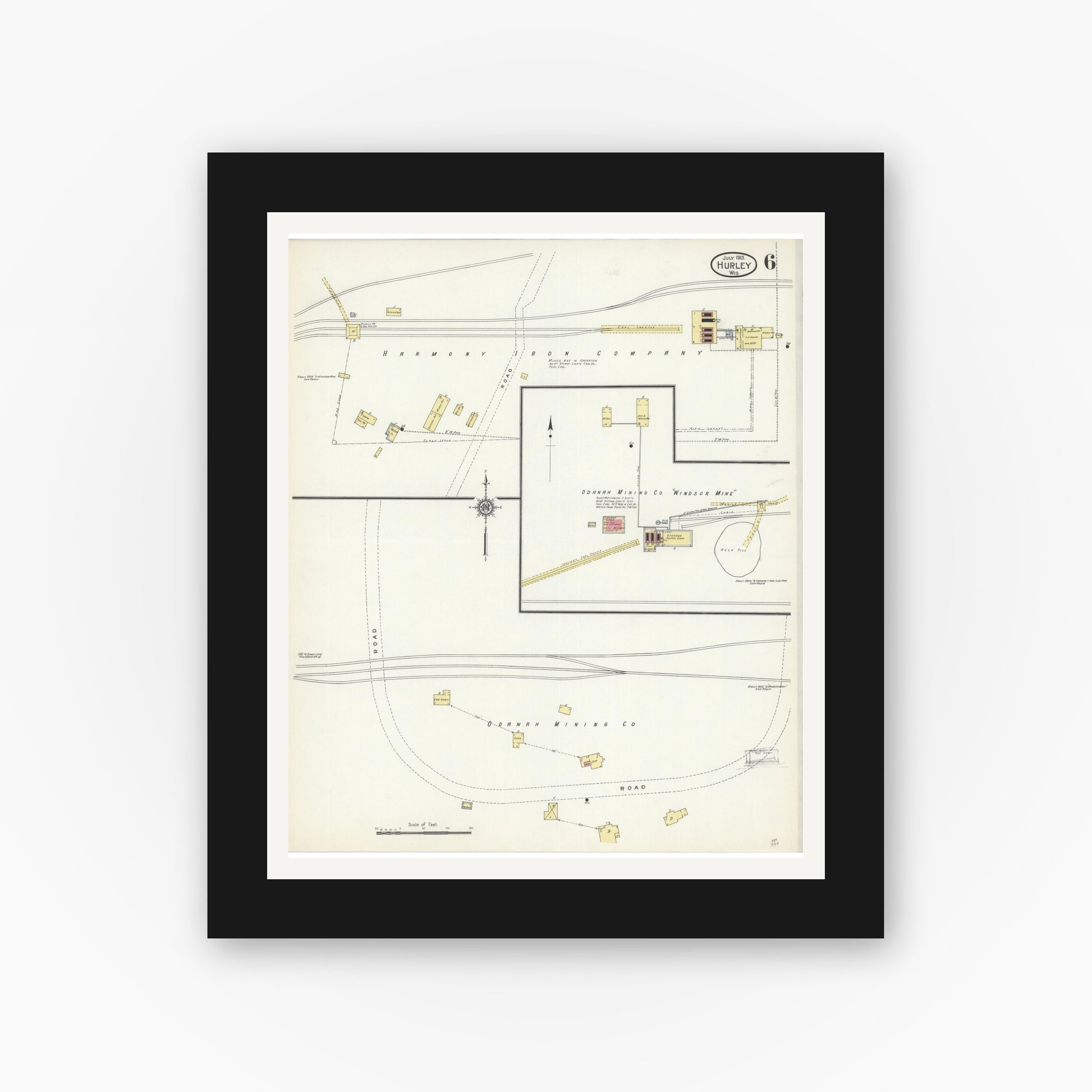 Old map wall art mockup — black gallery frame with white mat — Sanborn Fire Insurance Map from Hurley, Iron County, Wisconsin (1913), Sheet #0006