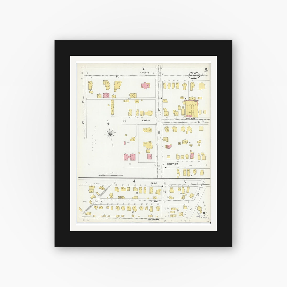 Old map wall art mockup — black gallery frame with white mat — Sanborn Fire Insurance Map from Franklin, Venango County, Pennsylvania (1901), Sheet #0003