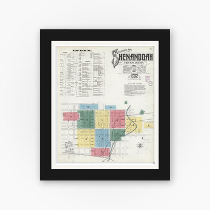 Old map wall art mockup — black gallery frame with white mat — Sanborn Fire Insurance Map from Shenandoah, Schuylkill County, Pennsylvania (1902), Sheet #0001