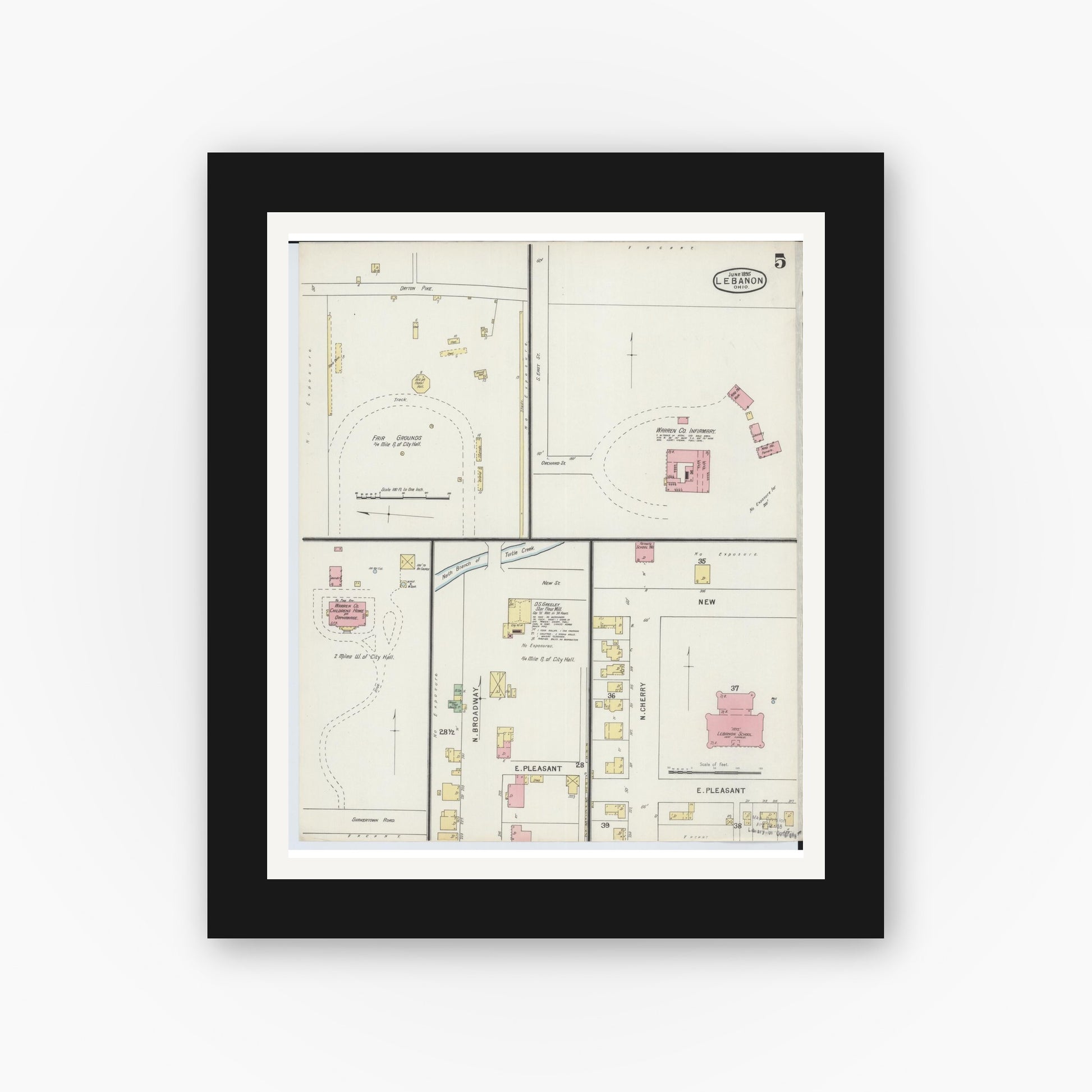 Old map wall art mockup — black gallery frame with white mat — Sanborn Fire Insurance Map from Lebanon, Warren County, Ohio (1895), Sheet #0005