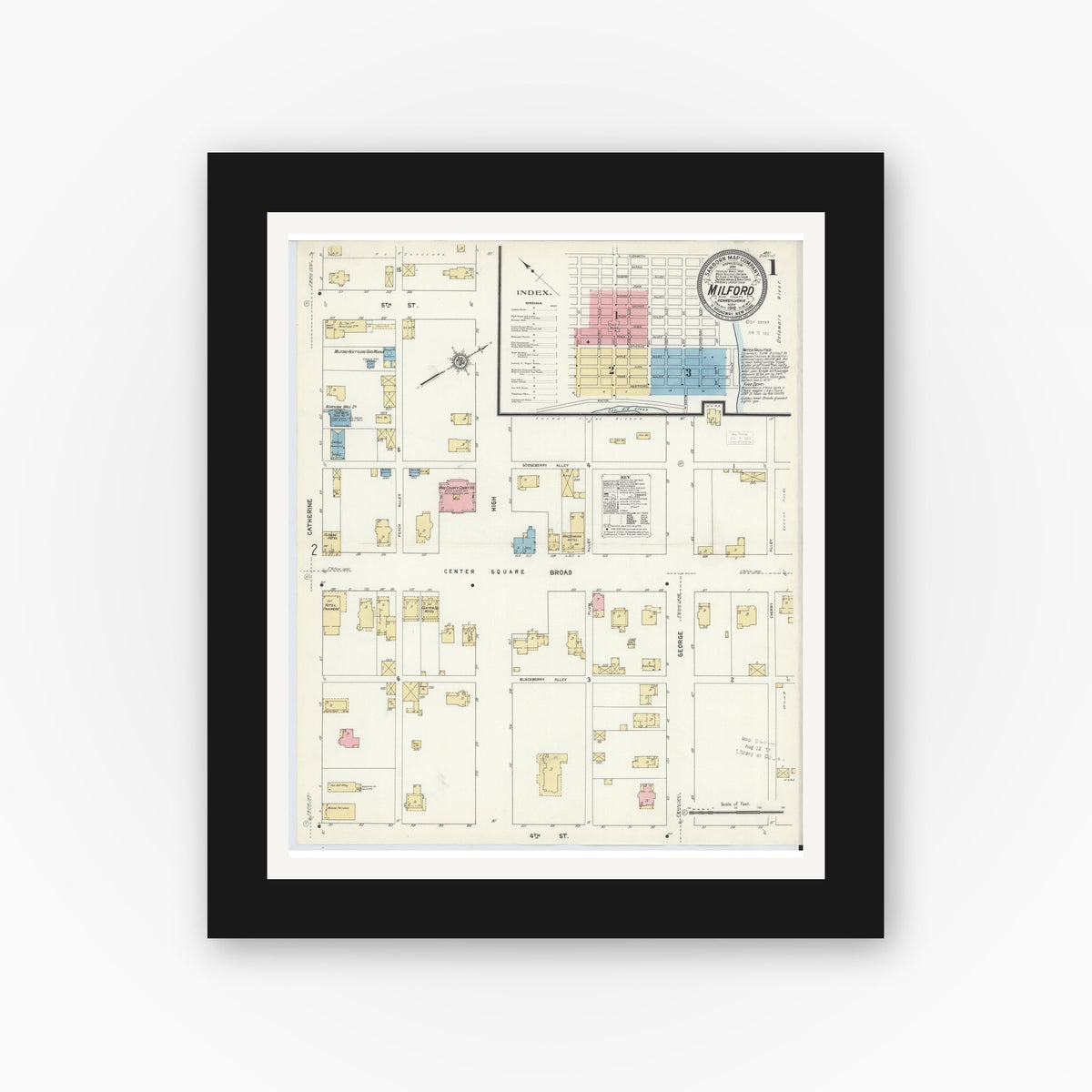Old map wall art mockup — black gallery frame with white mat — Sanborn Fire Insurance Map from Milford, Pike County, Pennsylvania (1912), Sheet #0001
