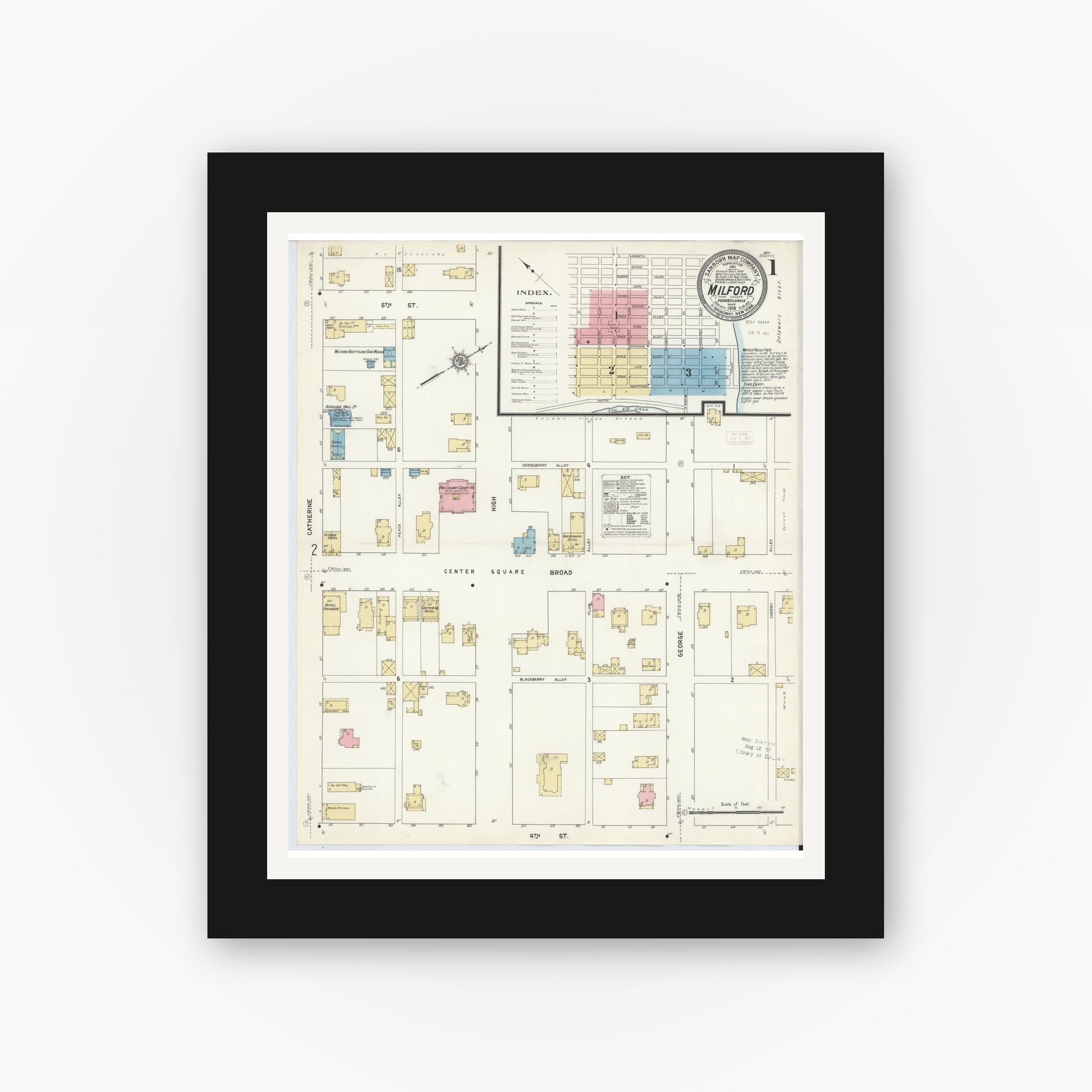Old map wall art mockup — black gallery frame with white mat — Sanborn Fire Insurance Map from Milford, Pike County, Pennsylvania (1912), Sheet #0001