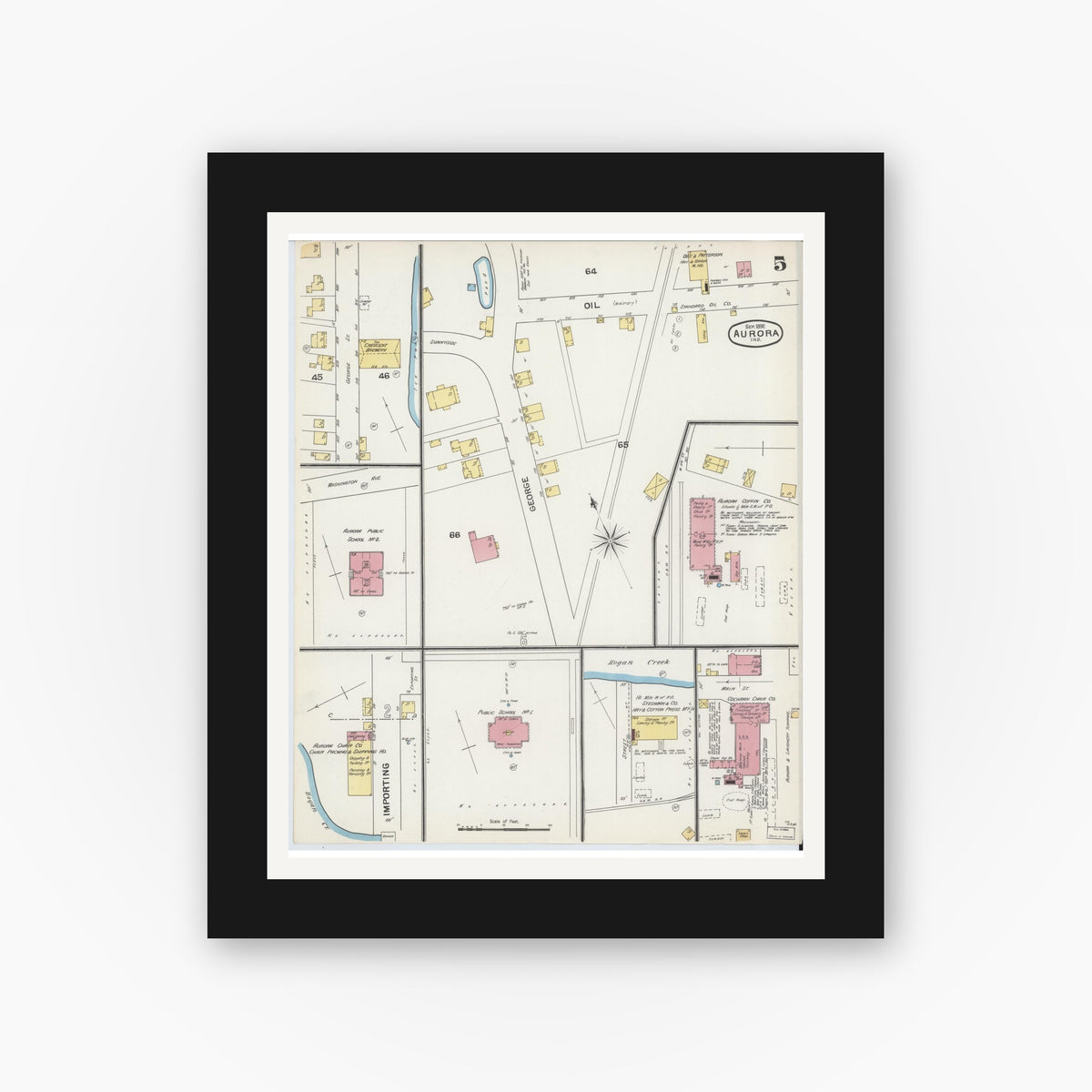 Old map wall art mockup — black gallery frame with white mat — Sanborn Fire Insurance Map from Aurora, Dearborn County, Indiana (1892), Sheet #0005