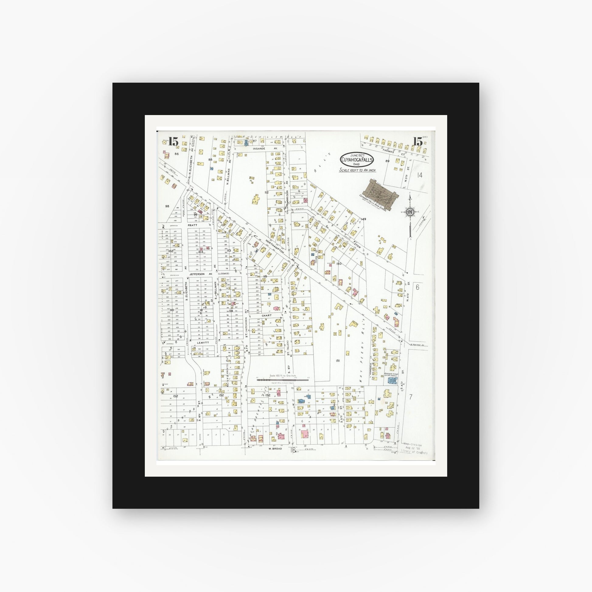 Old map wall art mockup — black gallery frame with white mat — Sanborn Fire Insurance Map from Cuyahoga Falls, Summit County, Ohio (1927), Sheet #0015