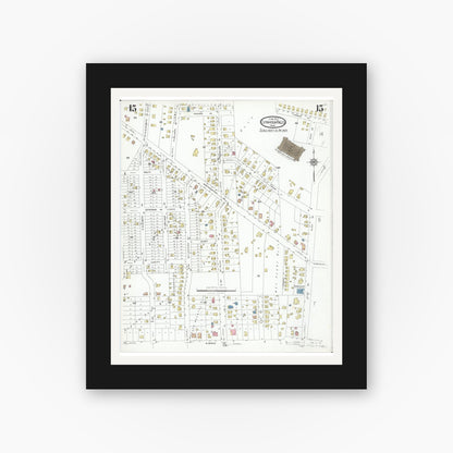 Old map wall art mockup — black gallery frame with white mat — Sanborn Fire Insurance Map from Cuyahoga Falls, Summit County, Ohio (1927), Sheet #0015