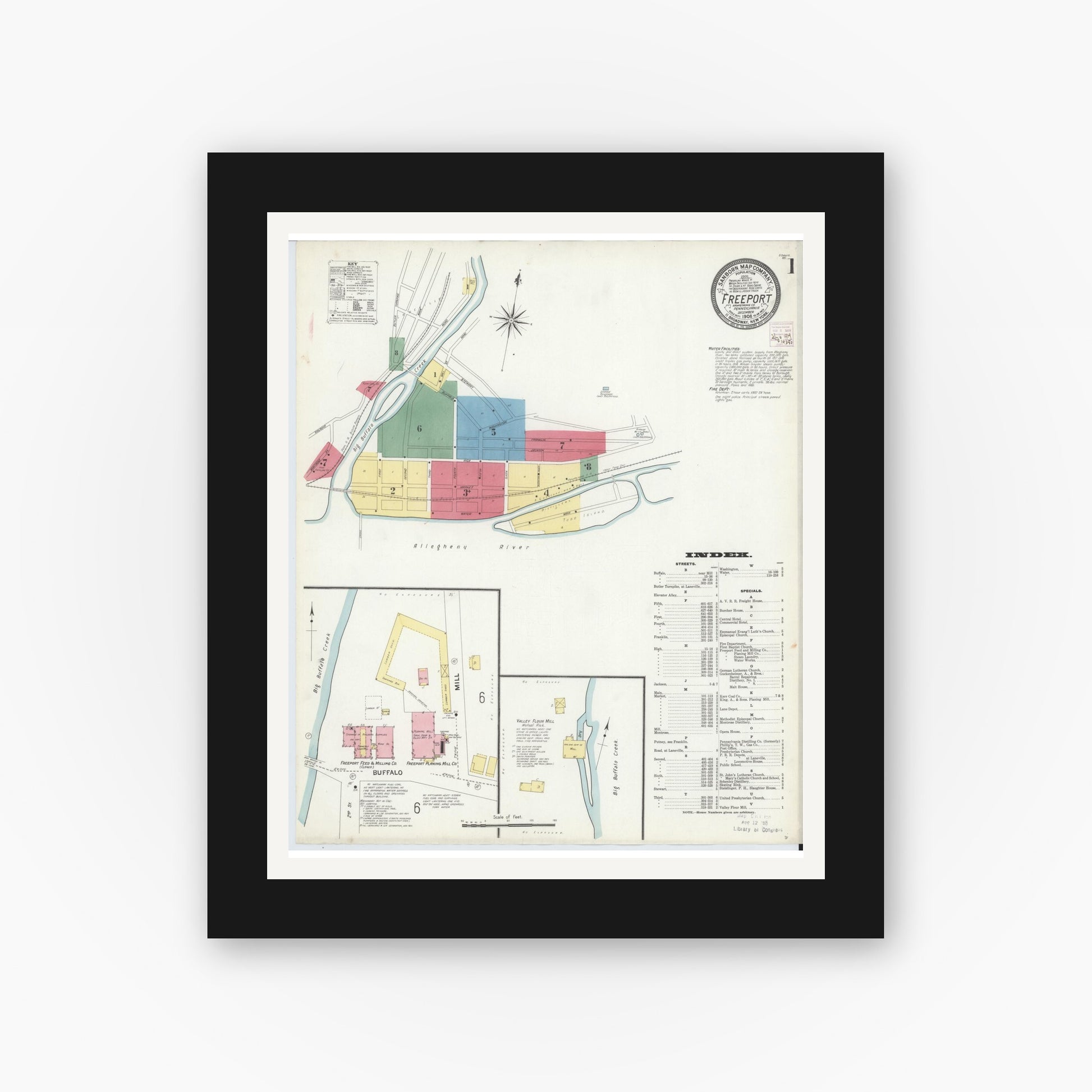 Old map wall art mockup — black gallery frame with white mat — Sanborn Fire Insurance Map from Freeport, Armstrong County, Pennsylvania (1908), Sheet #0001