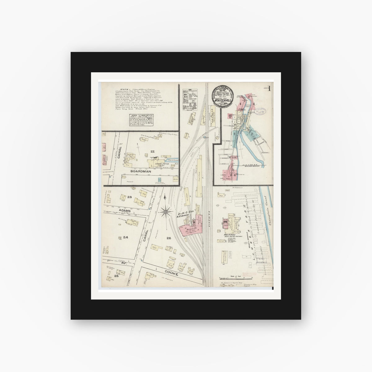 Old map wall art mockup — black gallery frame with white mat — Sanborn Fire Insurance Map from Whitehall, Washington County, New York (1884) - Complete Map Set